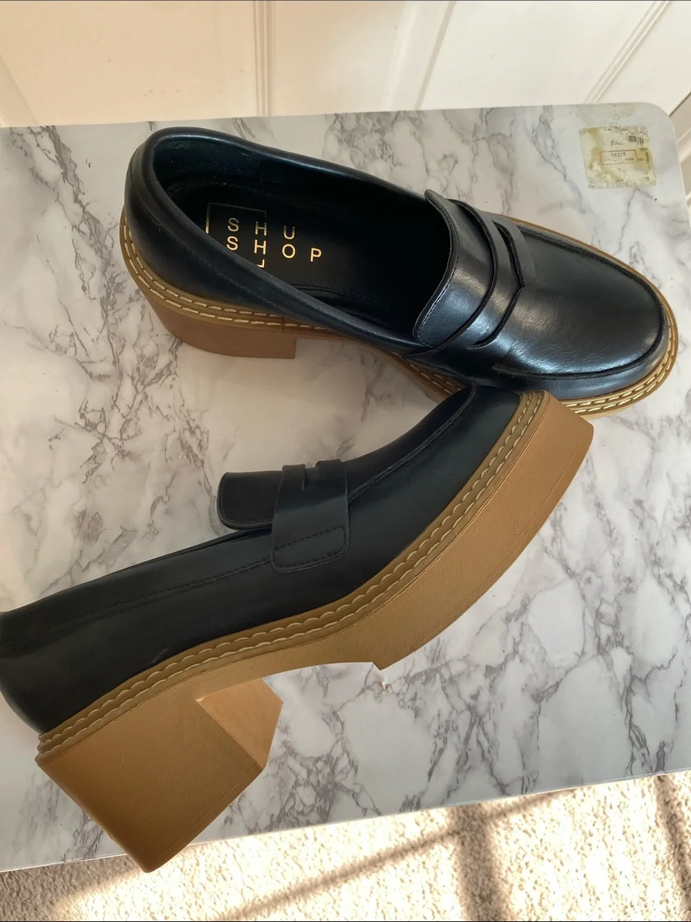 ShuShop Black Leather Platform Penny Loafers with Tan Sole Size 8.5 Chunky Block